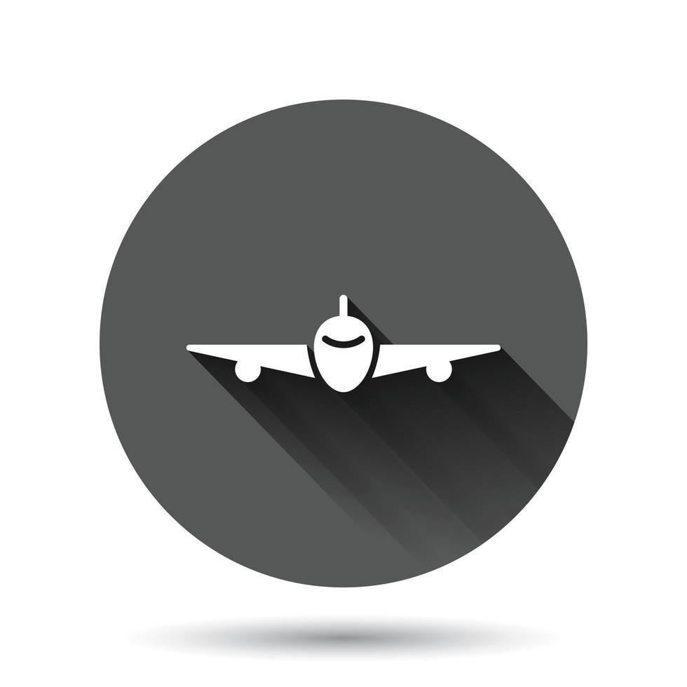 Plane icon in flat style. Airplane vector illustration on black round background with long shadow effect. Flight airliner circle button business concept.