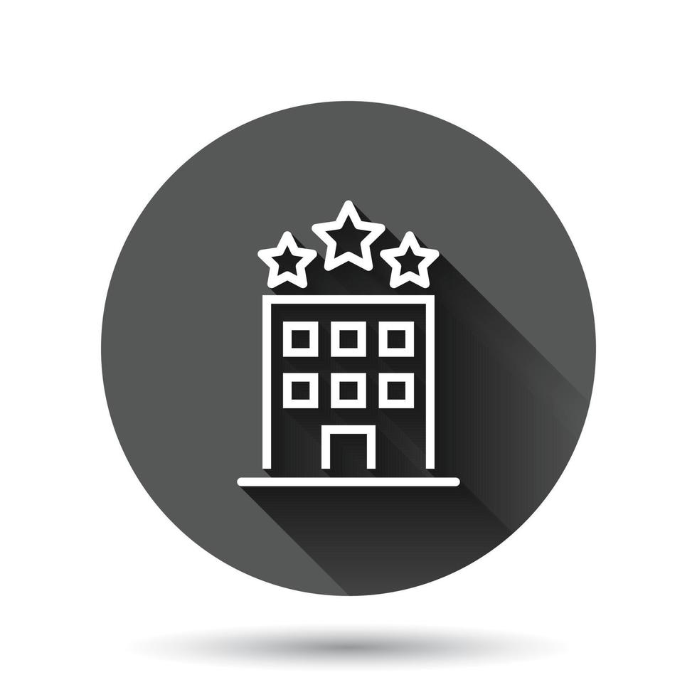 Building icon in flat style. Town skyscraper apartment vector illustration on black round background with long shadow effect. City tower circle button business concept.