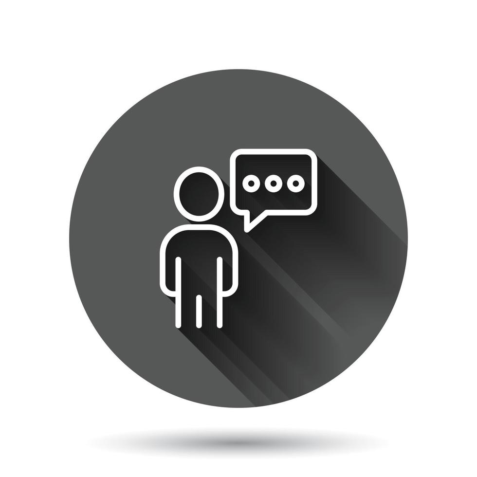 People with speech bubble icon in flat style. Chat vector illustration on black round background with long shadow effect. Speaker dialog circle button business concept.