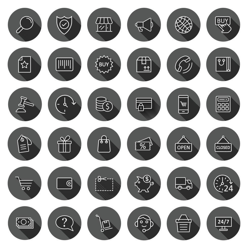 Shopping icon set in flat style. Online commerce vector illustration on black round background with long shadow effect. Market store circle button business concept.