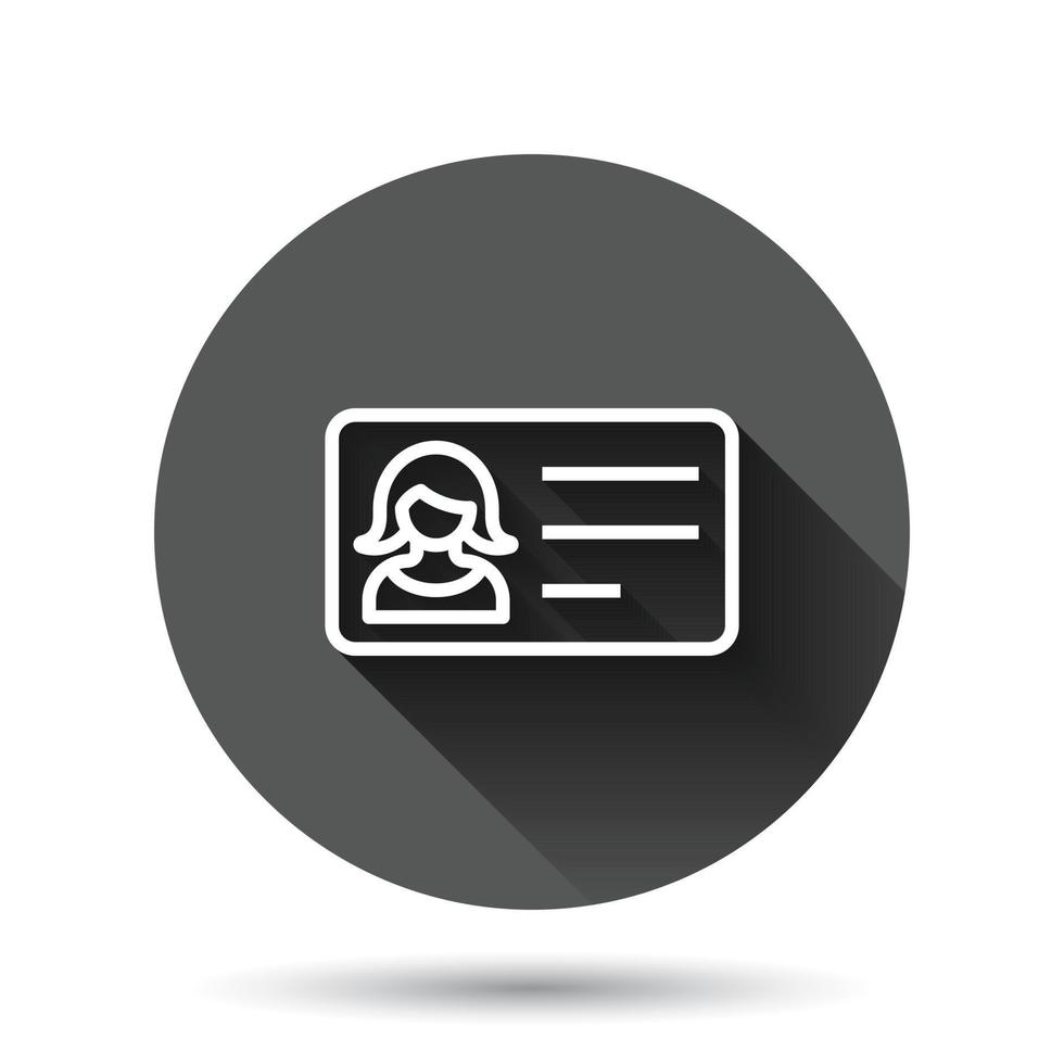 Women id card icon in flat style. Identity tag vector illustration on black round background with long shadow effect. Driver licence circle button business concept.