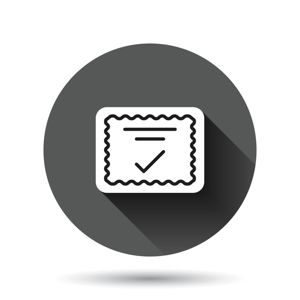 Approve certificate icon in flat style. Document check mark vector illustration on black round background with long shadow effect. Approval choice circle button business concept.
