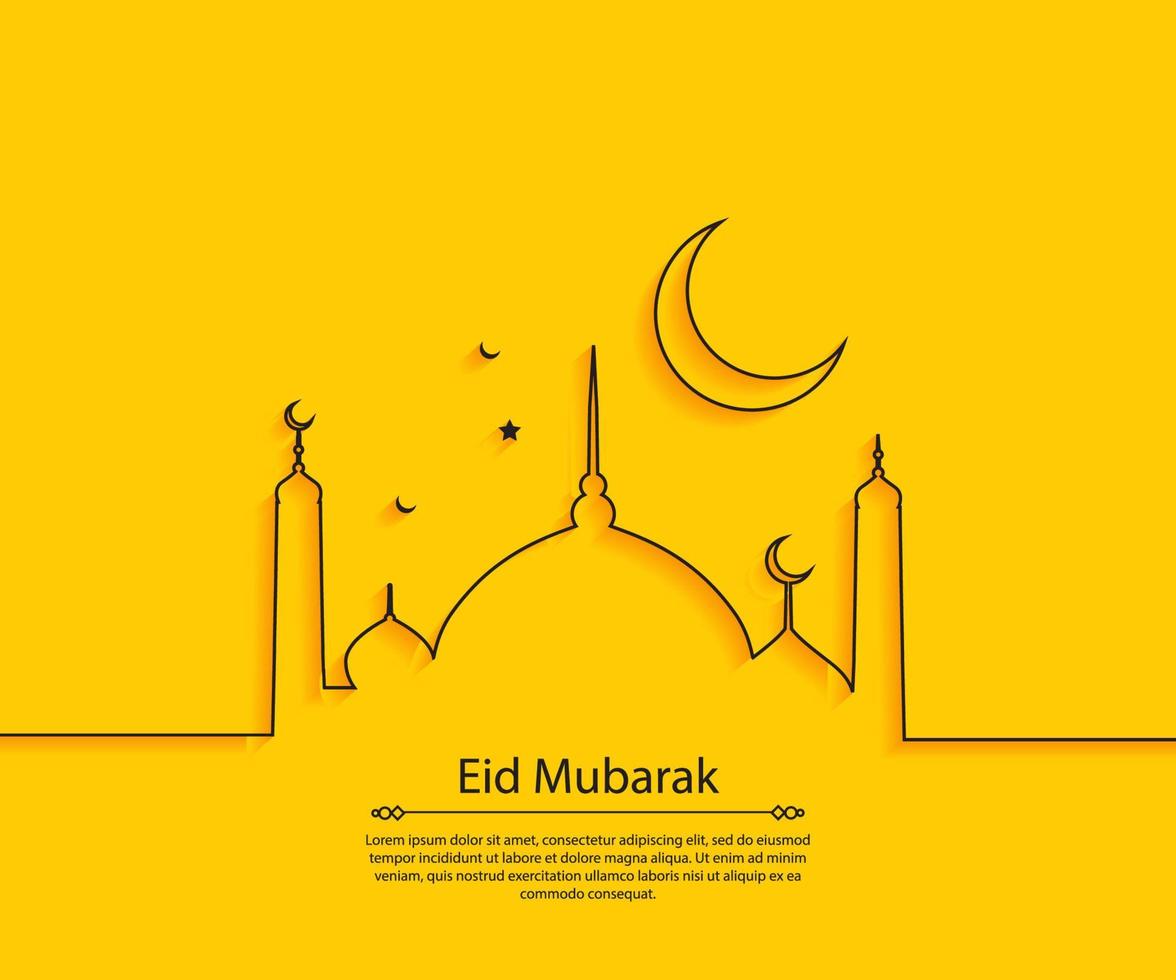 eid mubarak mosque, star, moon line art yellow plain background vector