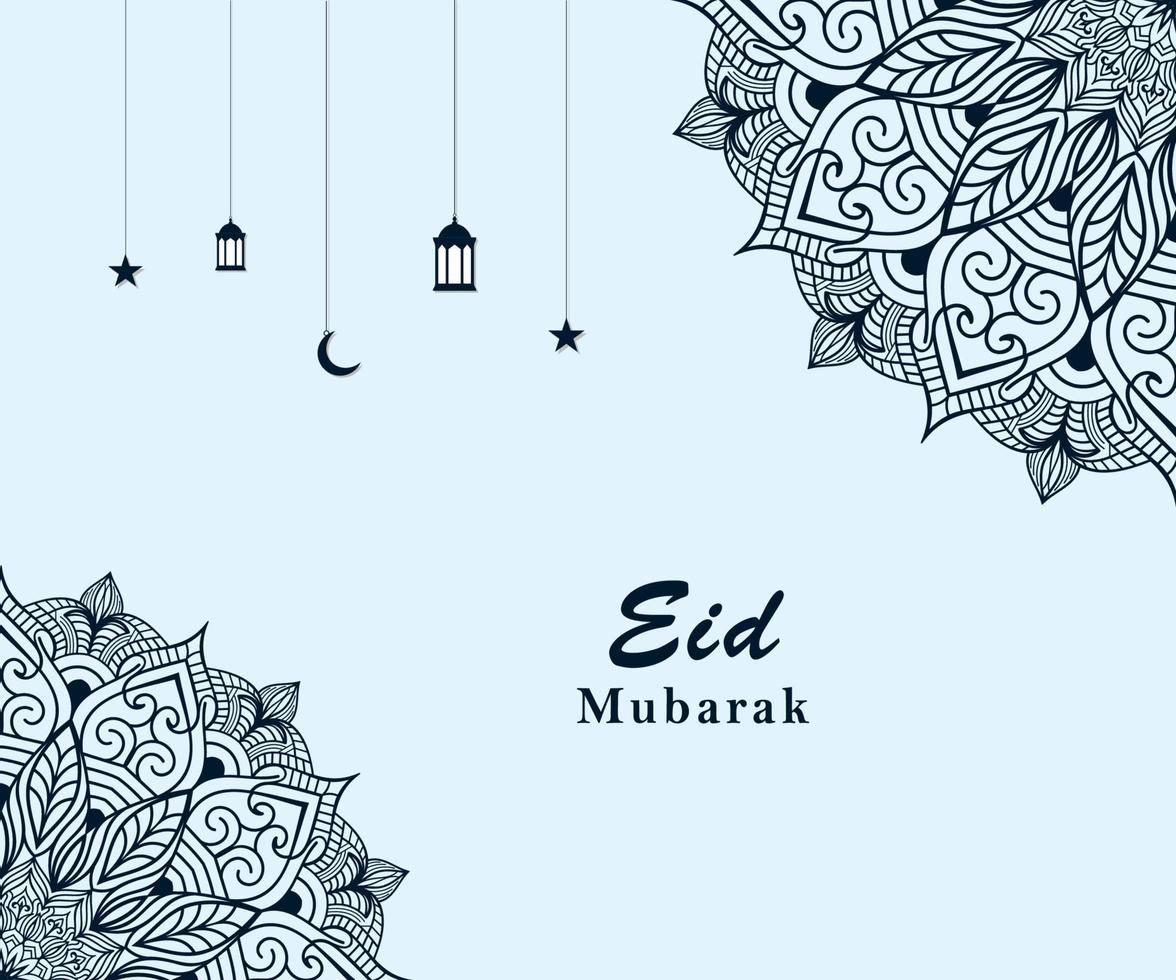 Eid Mubarak Islamic mandala and hanging lanterns vector
