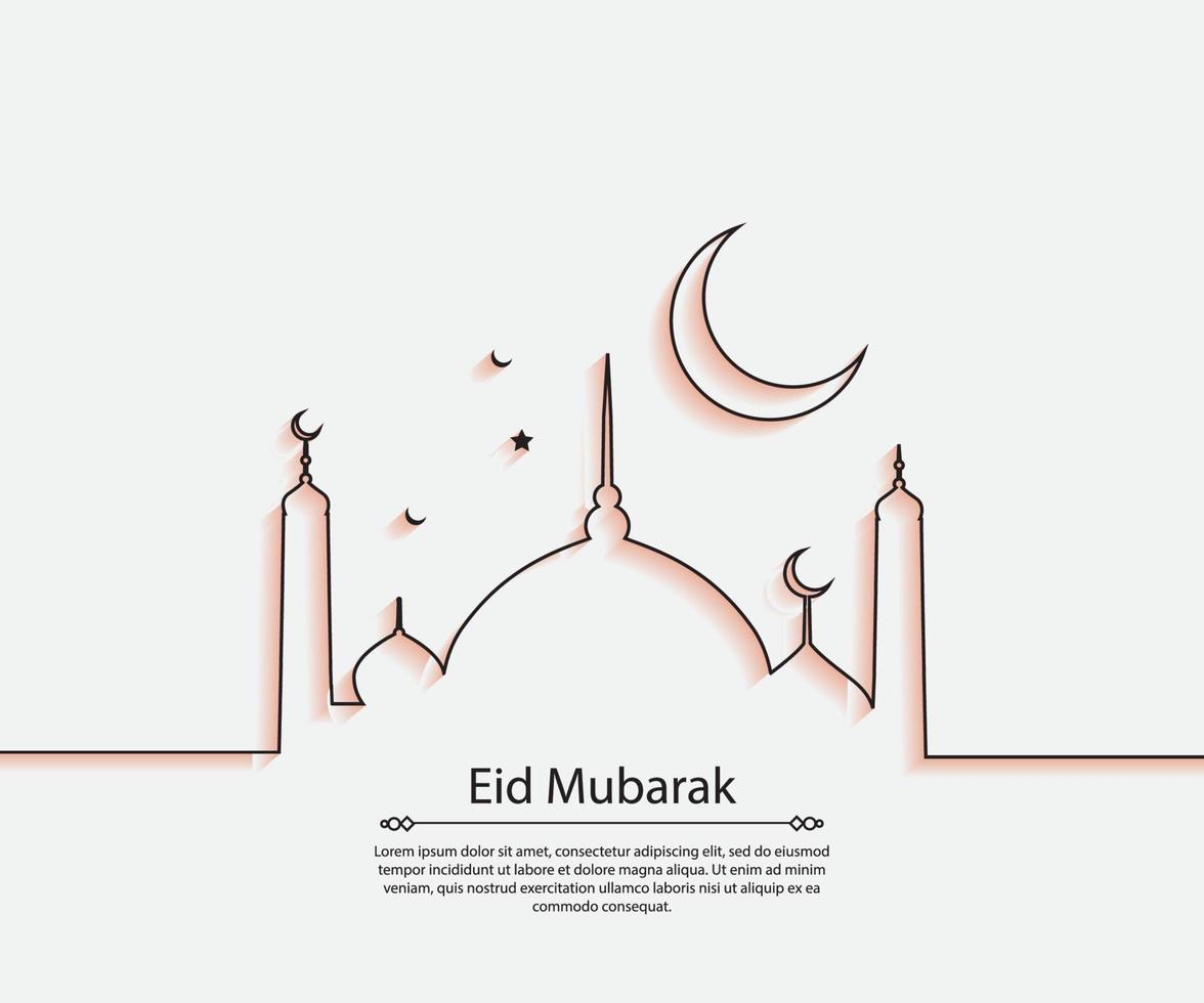 mezquita de eid mubarak, estrella, arte de línea lunar fondo liso blanco vector