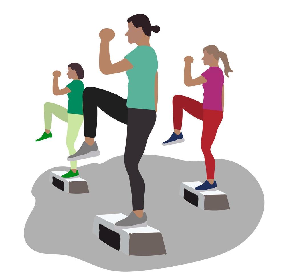 Women doing exercise on aerobic step vector