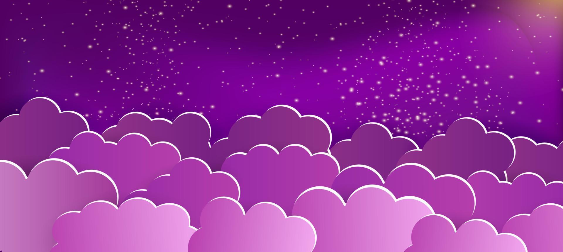 Paper clouds background. Purple clouds on the starry night sky vector