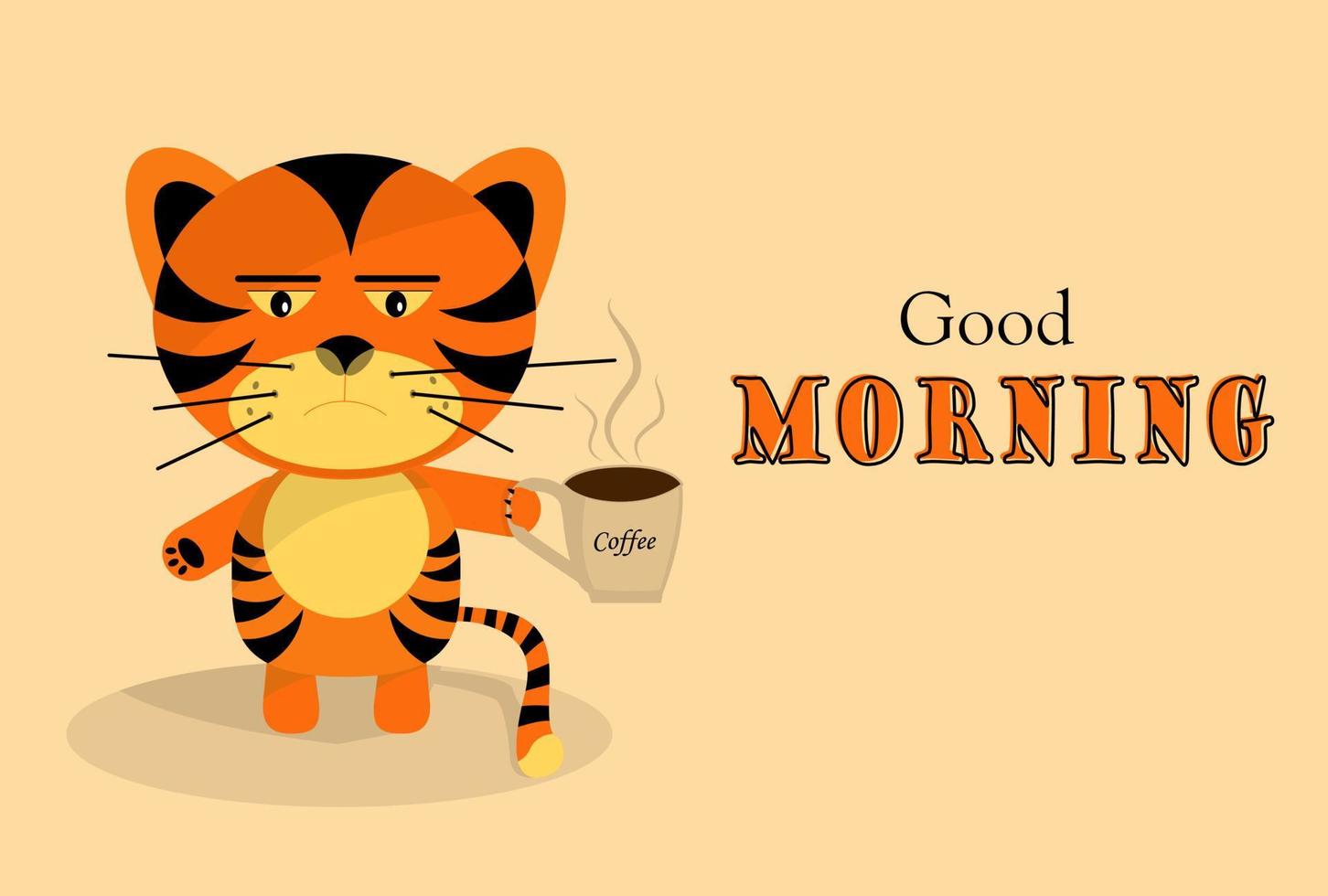 lindo tigre con taza de café y texto buenos días. vector