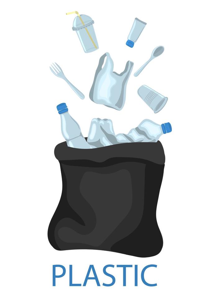 Plastic Waste And Garbage. Hand-drawn big black plastic bag with plastic waste vector