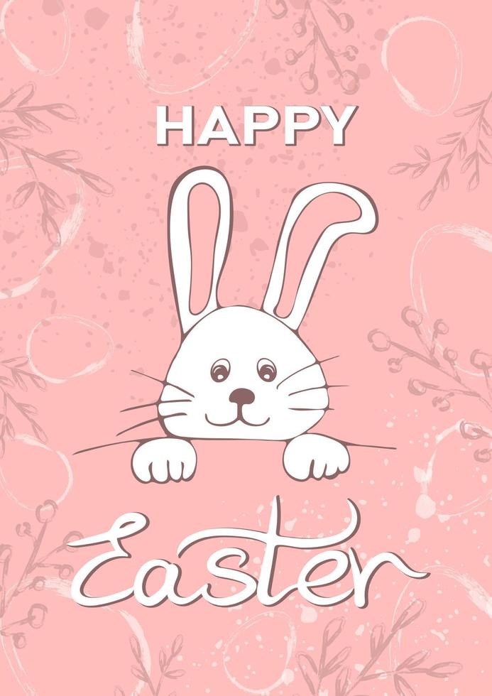 Happy Easter banner ith typography, hand drawn funny bunny, eggs and leaves vector