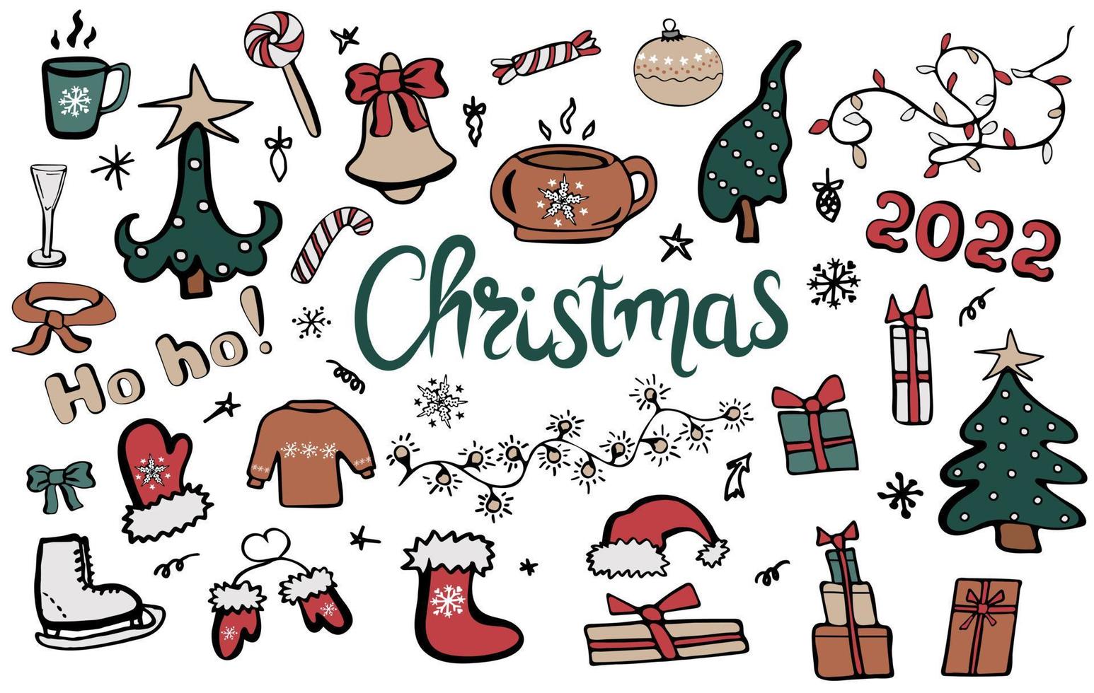 Set of Christmas design elements in doodle style vector