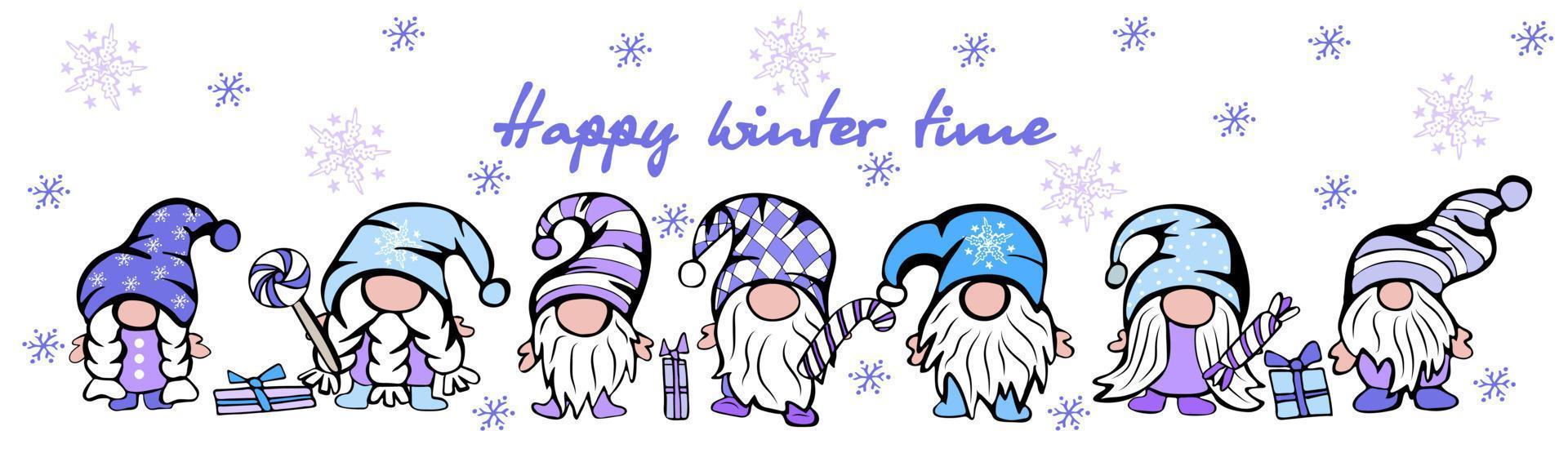 Set of cute gnomes for winter holidays with hats, gift, candies and snowflakes vector