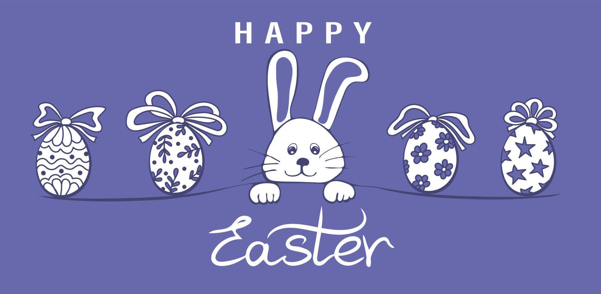 Happy Easter banner. Trendy Easter design with typography, hand drawn funny bunny and eggs vector