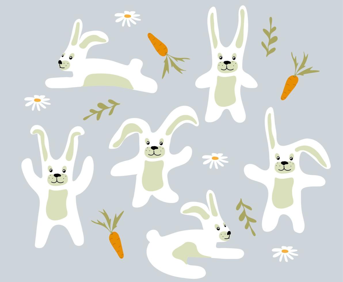 Set of happy rabbits illustration. Collection of funny bunnies vector