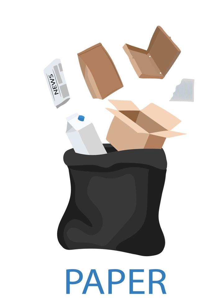 Paper Waste And Garbage. Hand-drawn big black plastic bag with paper waste vector