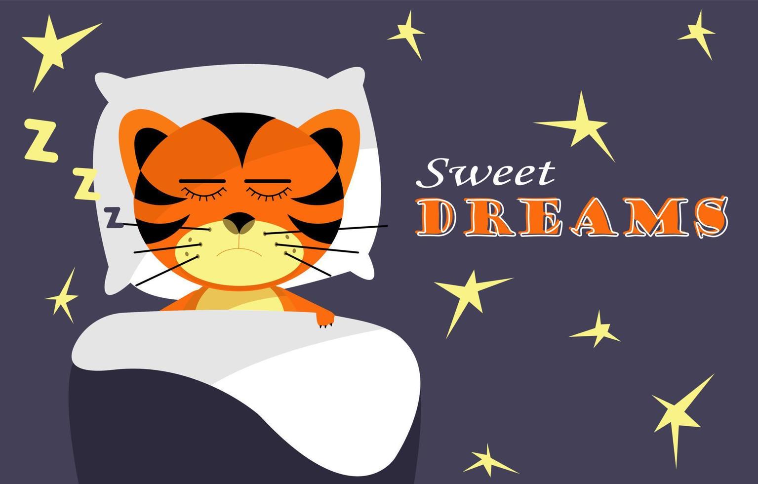 Cute dreaming tigers with text sweet dreams on nighty background vector