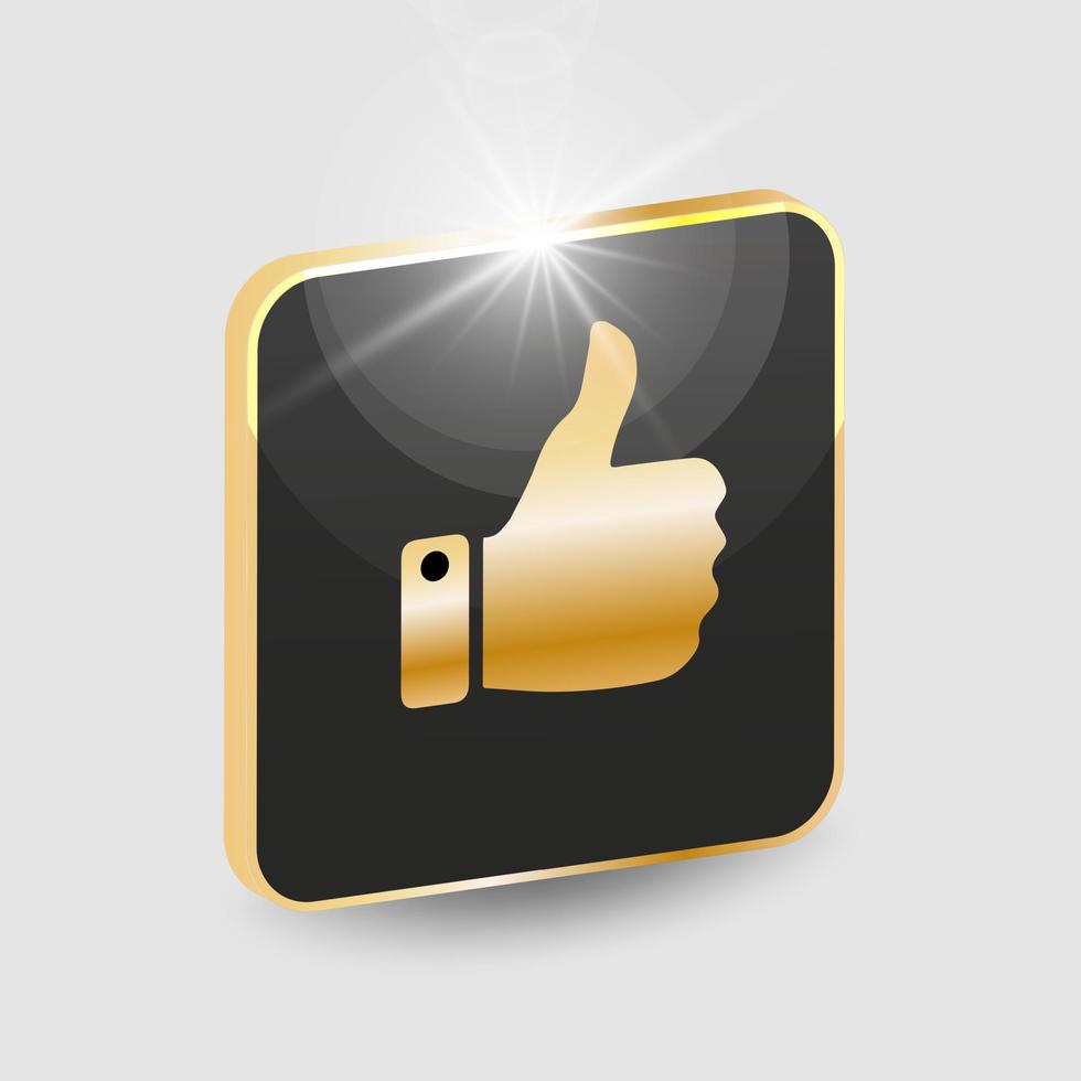 Golden thumb up icon, social media vector icon on a black background button