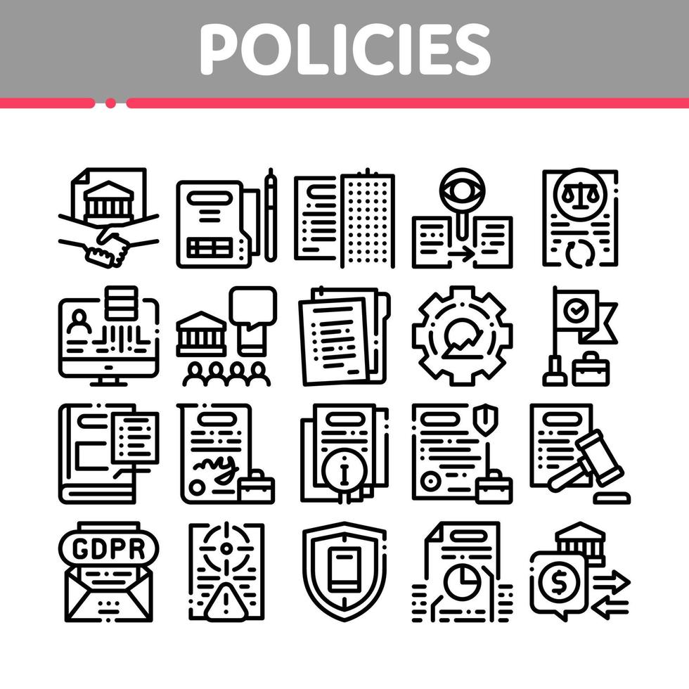 Policies Data Process Collection Icons Set Vector