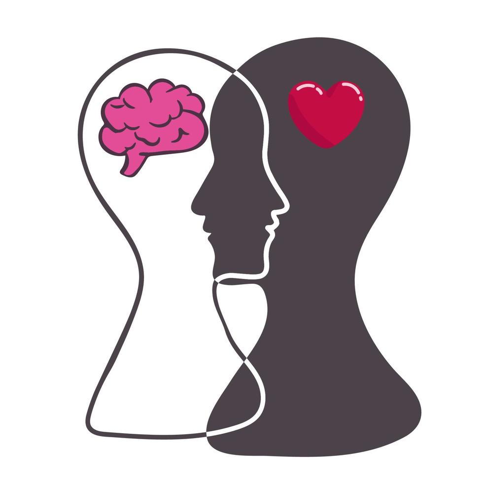 Heart and Brain concept, conflict between emotions and rational thinking, teamwork and balance between soul and intelligence. Vector logo or icon design