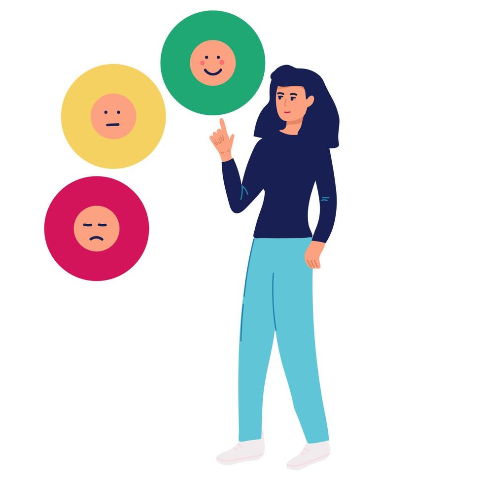 Emotional balance concept. woman develops Her emotional intelligence, definition of mood. Consciousness, self development and selfcontrol. Character juggles emoticons. vector
