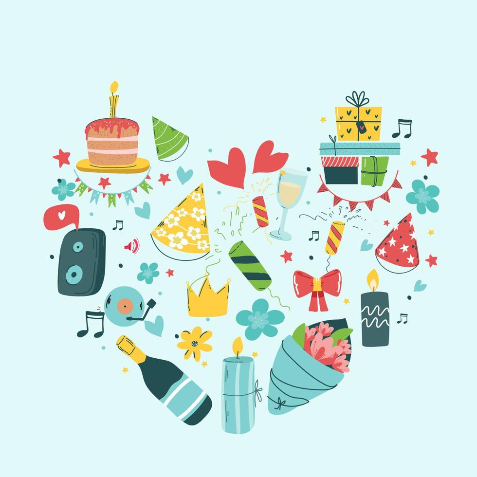 Birthday party isolated elements set in the shape of a heart. Hand drawn illustrations, Greeting card, invitation design elements. Cakes with candles, balloons. Holiday celebration, party decoration. vector