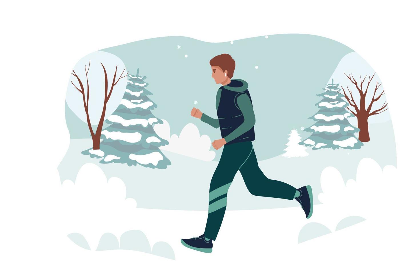 corriendo hombre deportivo en una chaqueta, ropa de abrigo corre contra el fondo del paisaje invernal. la joven va a los deportes. ilustraciones de diseño vectorial de estilo dibujado a mano. dibujos animados. corriendo en invierno vector