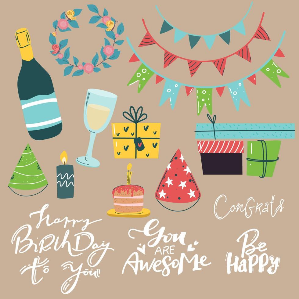 Celebration party carnival festive icons set. Colorful symbols - hat, mask, gifts, balloon. vector