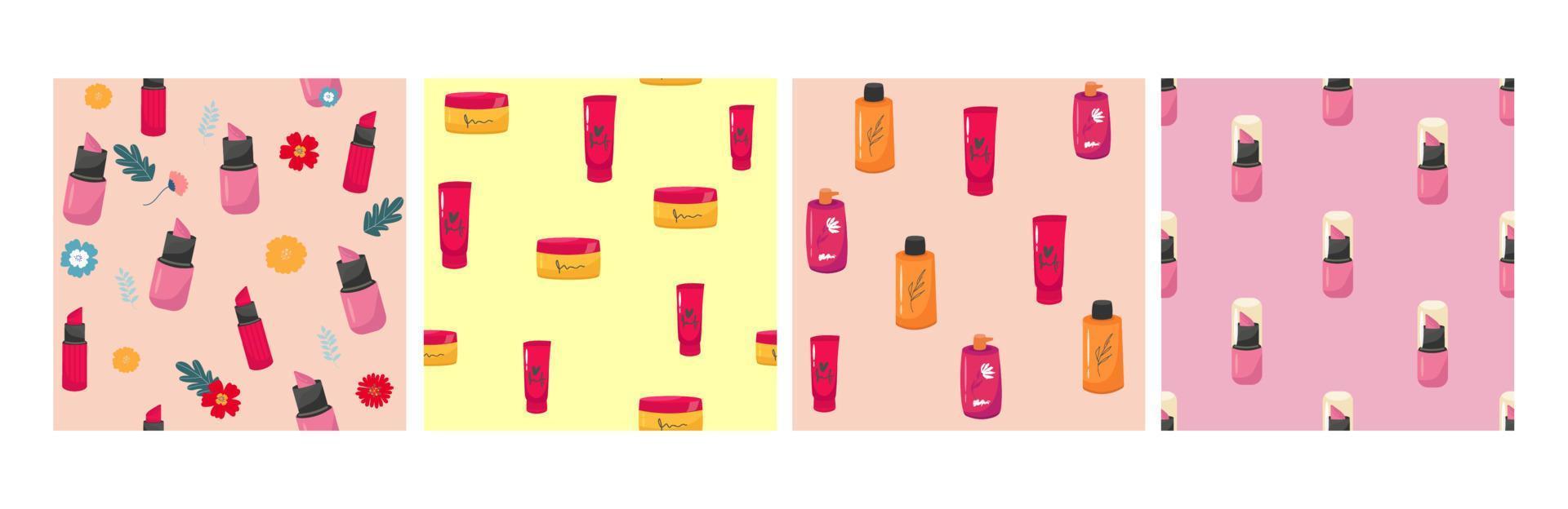 se of Makeup seamless pattern. Illustrations of different cosmetics. Lipstick and pomade glamour vector background