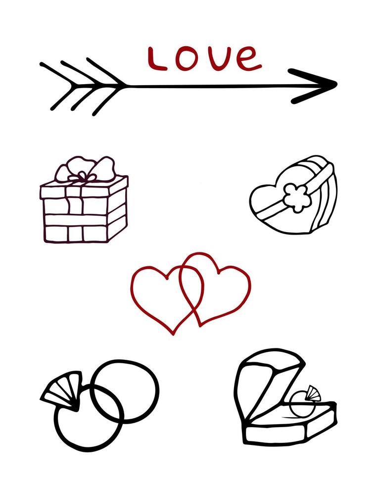Doodle set elements for valentines day line art style. Vector illustration. Icons and inscriptions.