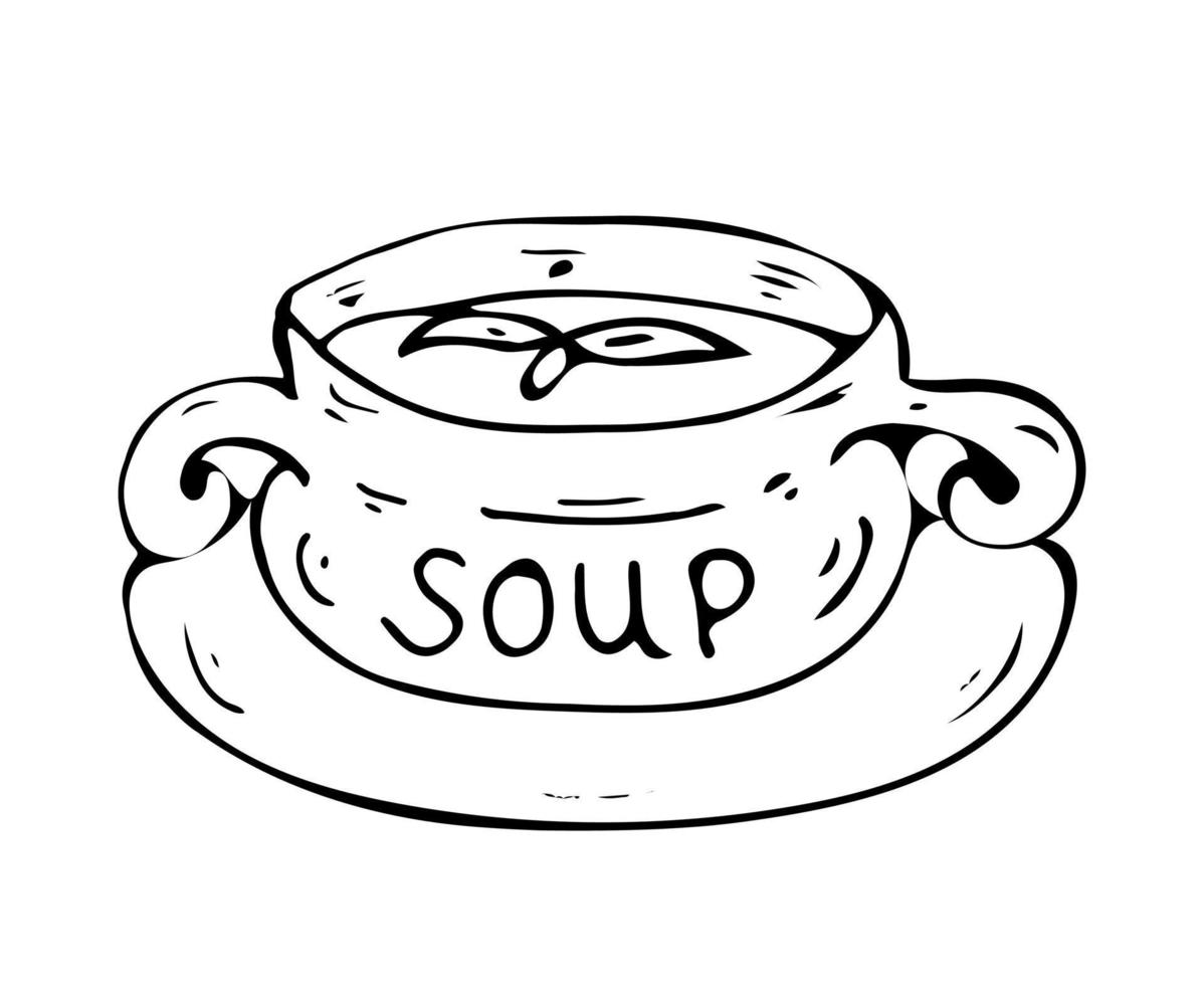 Doodle soup Plate with handles. Any cream soup Tomato, pumpkin, champignon. Vector line art.