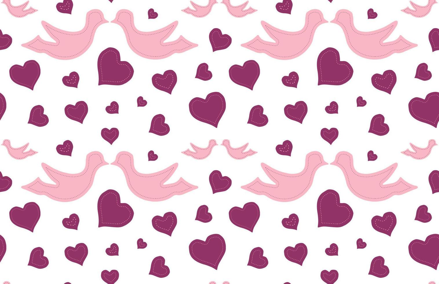 Seamless pattern with Pigeons in love, hearts. Doodle style with dotted lines. Vector illustration