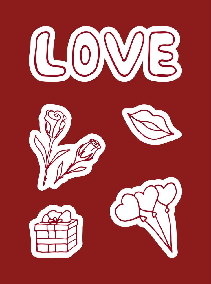 Doodle set stickers for valentines day line art style. Vector illustration. Icons and inscriptions.