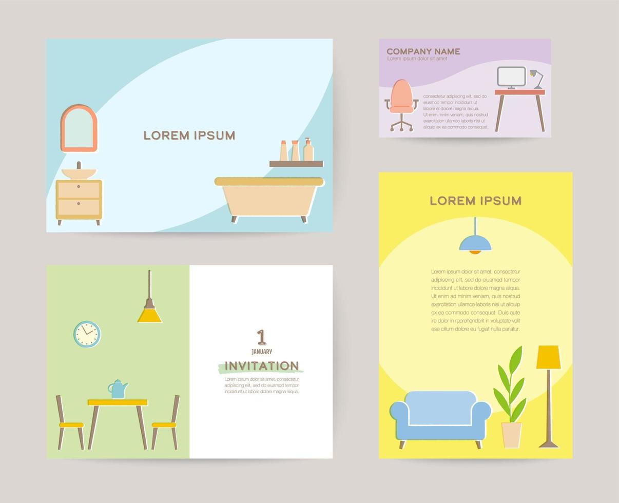 conjunto de plantillas de tarjetas con ilustración de muebles, estilo de color pastel kawaii vector