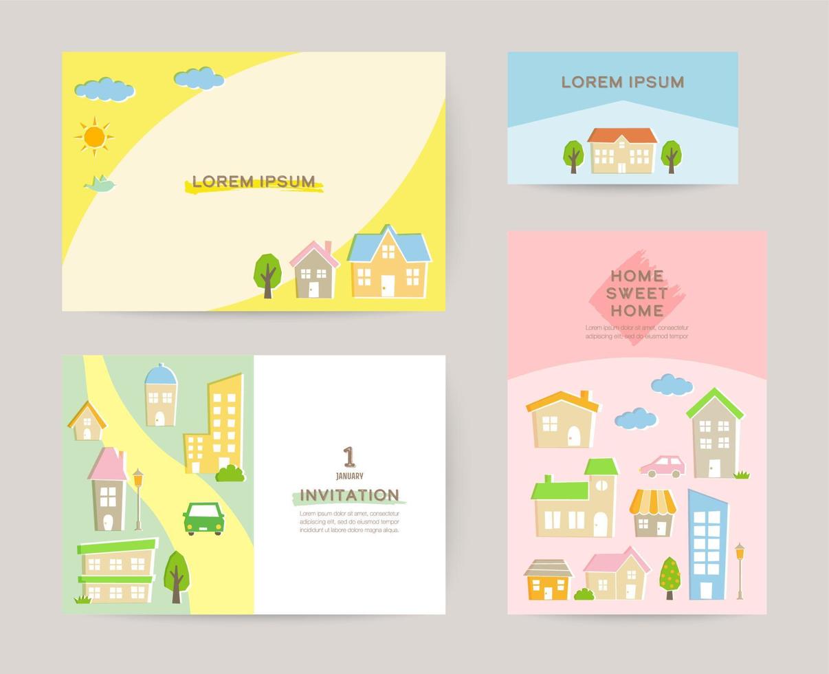 card template set with houses illustration, kawaii pastel colored style vector