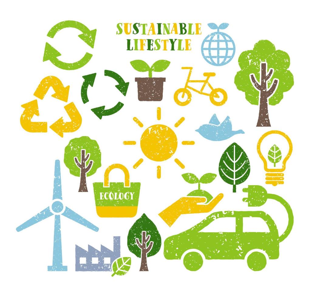 Rough textured icon set, images of sustainable lifestyle vector