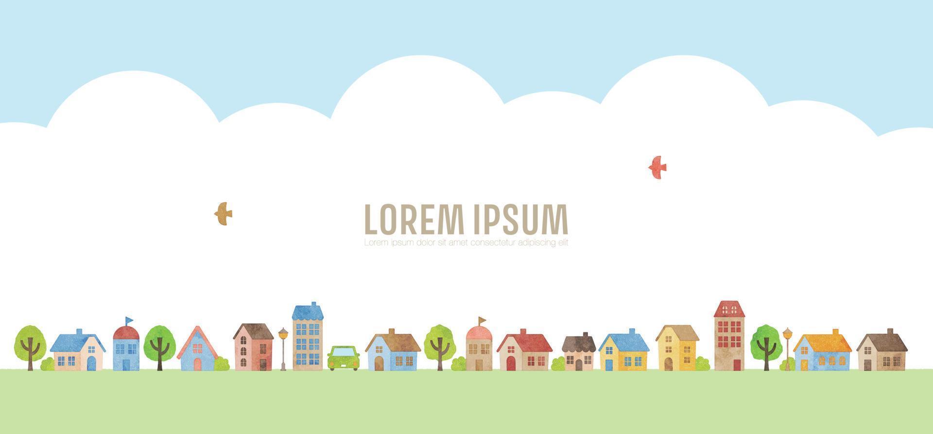 watercolor hand drawn vector townscape -colorful version