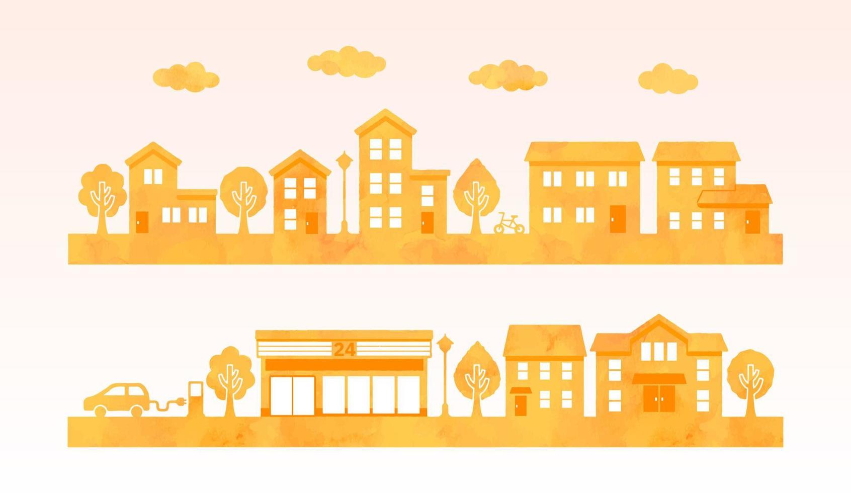 watercolor townscape silhouette. cute illustration for background-orange vector