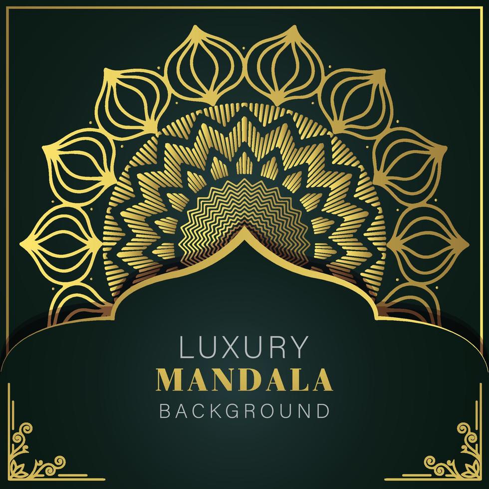 mandala de lujo dorado con fondo negro diseño elegante para invitación de aniversario henna vector