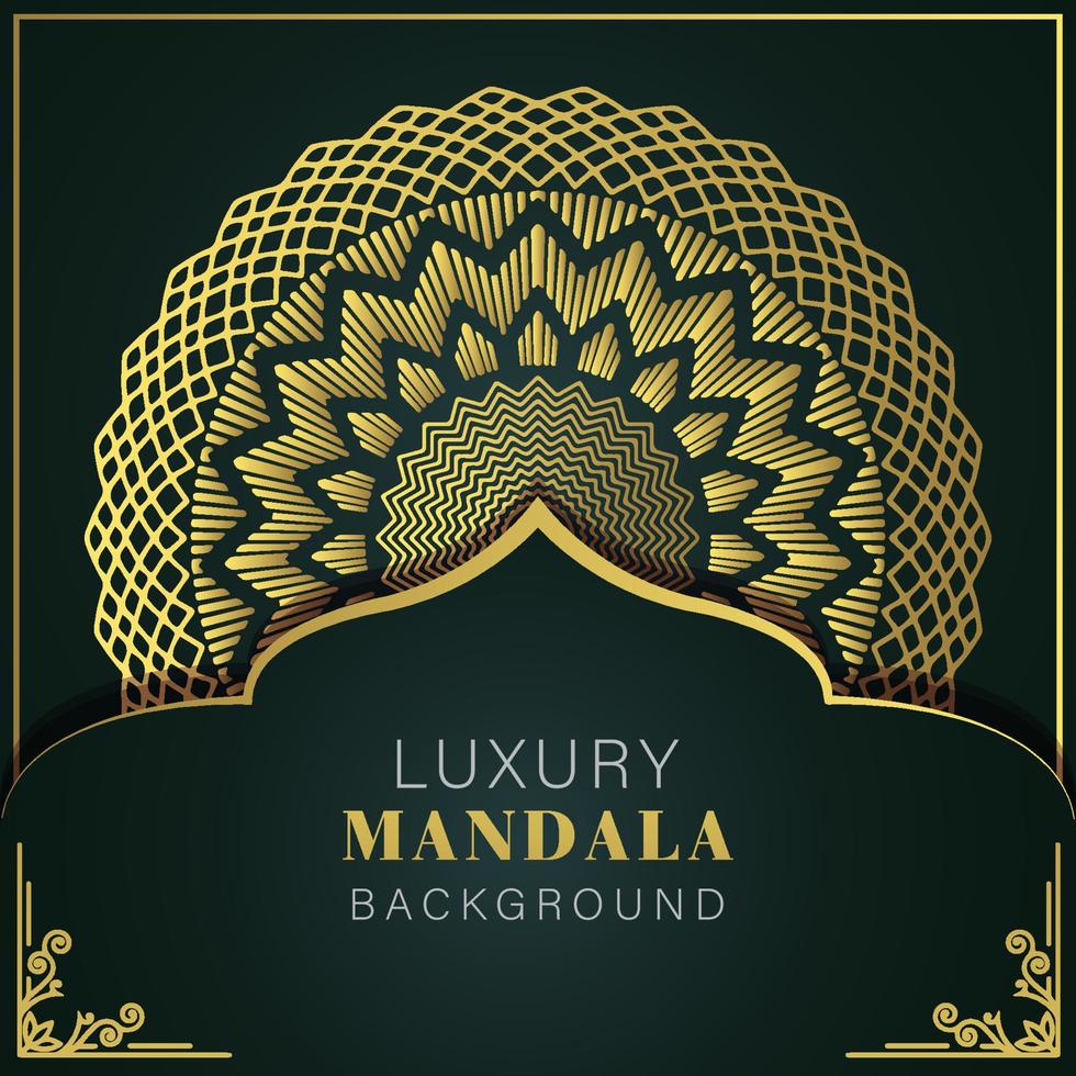 mandala de lujo dorado con fondo negro diseño elegante para invitación de aniversario henna vector