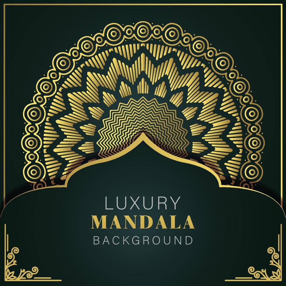 mandala de lujo dorado con fondo negro diseño elegante para invitación de aniversario henna vector