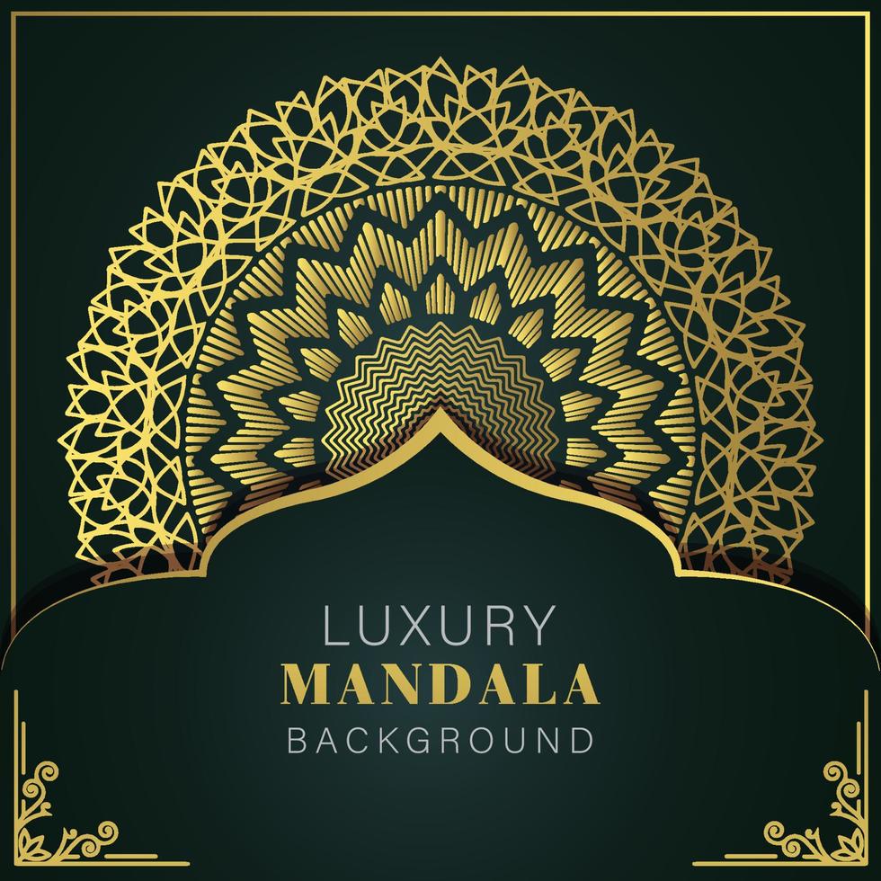 mandala de lujo dorado con fondo negro diseño elegante para invitación de aniversario henna vector