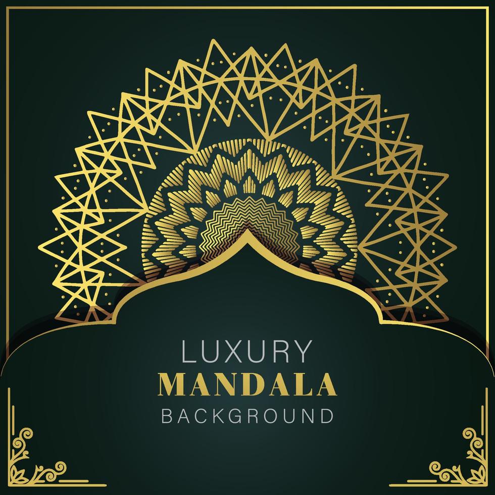 mandala de lujo dorado con fondo negro diseño elegante para invitación de aniversario henna vector