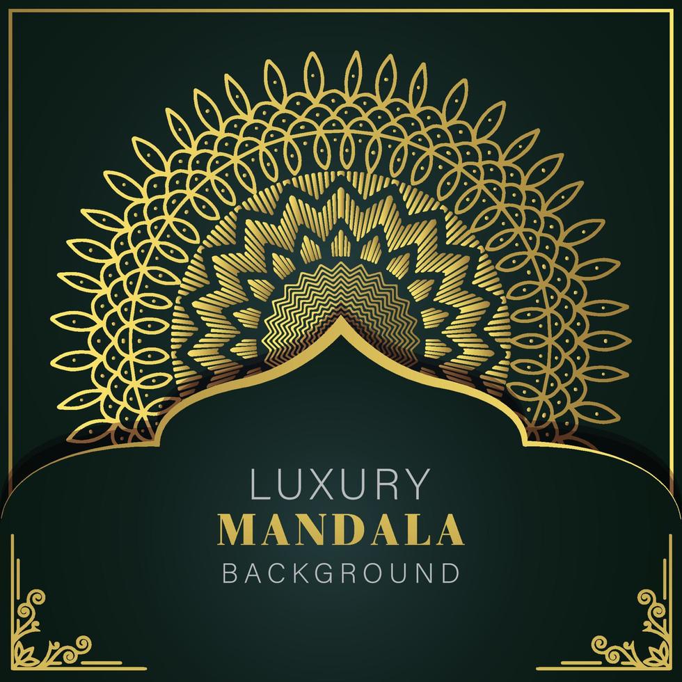 mandala de lujo dorado con fondo negro diseño elegante para invitación de aniversario henna vector