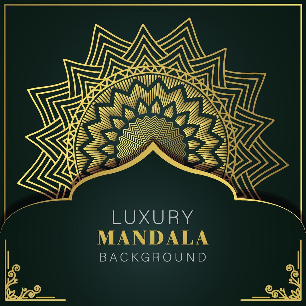 mandala de lujo dorado con fondo negro diseño elegante para invitación de aniversario henna vector