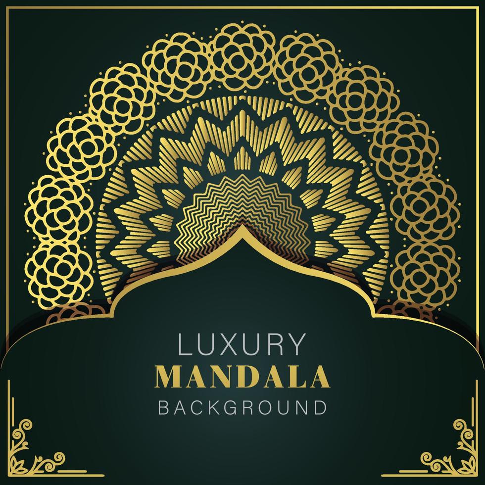 mandala de lujo dorado con fondo negro diseño elegante para invitación de aniversario henna vector