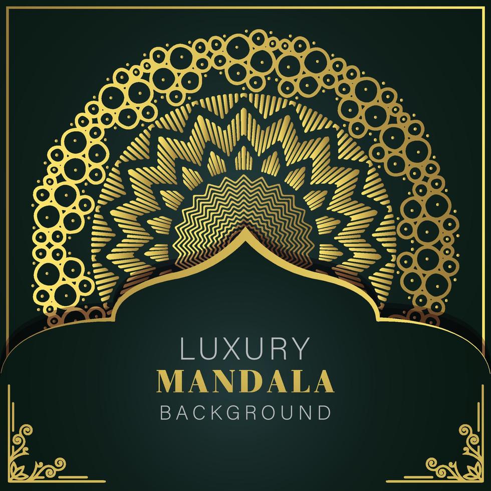 mandala de lujo dorado con fondo negro diseño elegante para invitación de aniversario henna vector