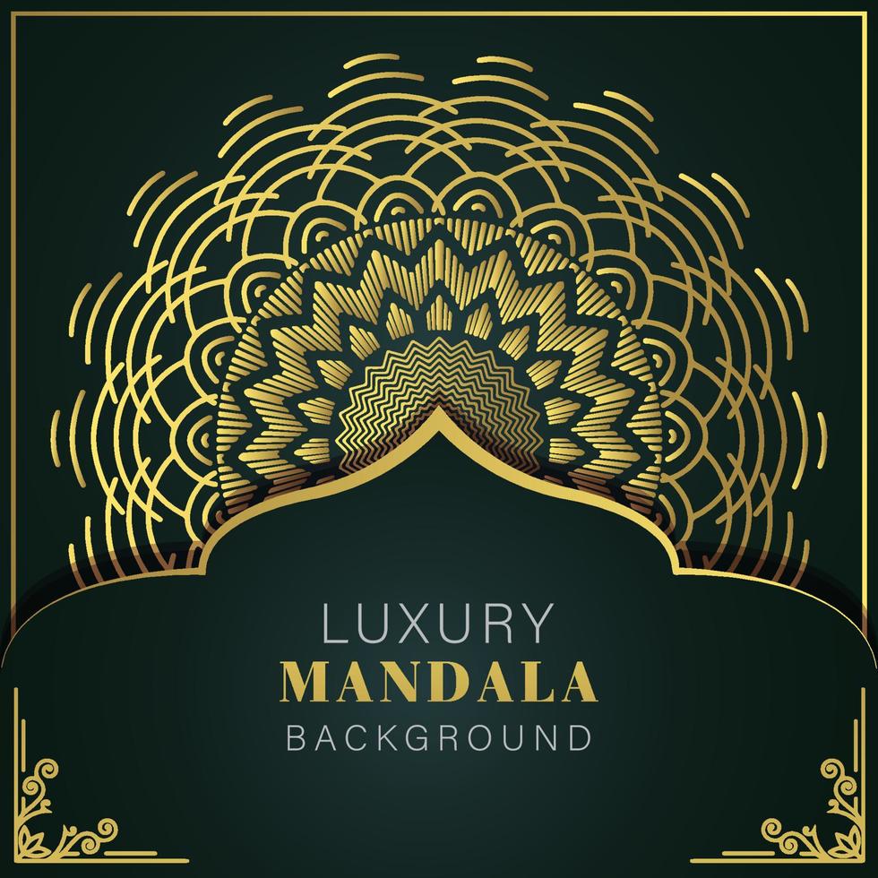 mandala de lujo dorado con fondo negro diseño elegante para invitación de aniversario henna vector