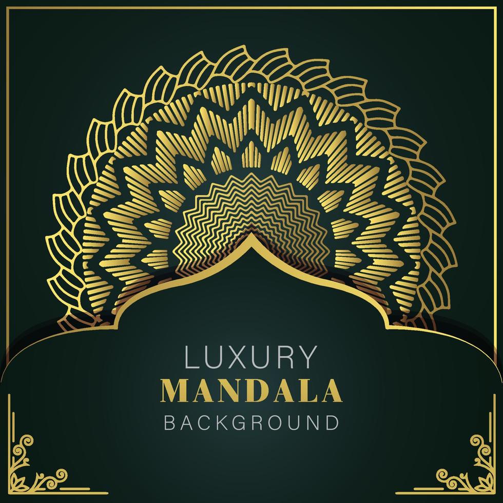 mandala de lujo dorado con fondo negro diseño elegante para invitación de aniversario henna vector