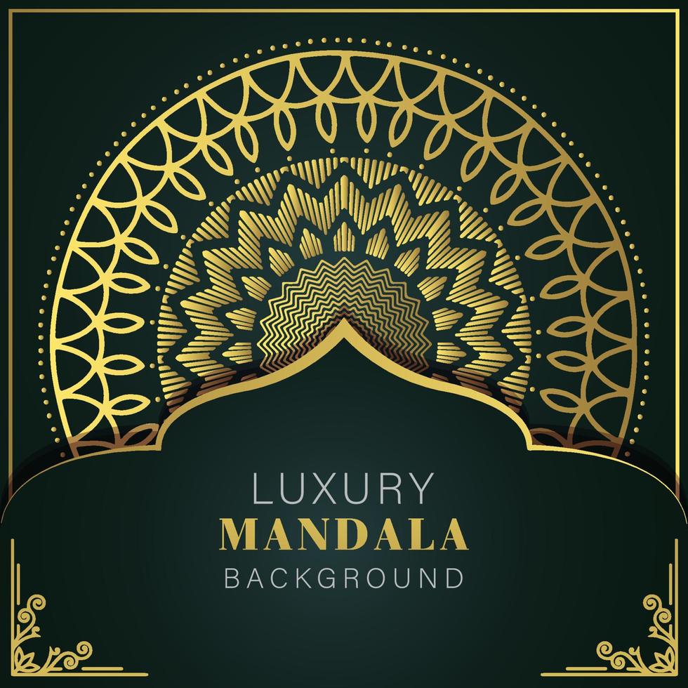 mandala de lujo dorado con fondo negro diseño elegante para invitación de aniversario henna vector