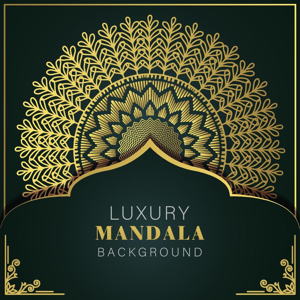 mandala de lujo dorado con fondo negro diseño elegante para invitación de aniversario henna vector